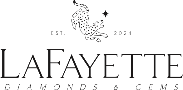 Logo for LaFayette Diamonds & Gems. Above the name, a spotted big cat leaps toward a star, with EST. 2024 on either side. The text below reads “DIAMONDS & GEMS” in elegant, spaced font.