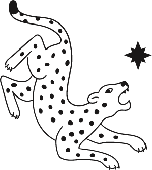 Stylized black-and-white drawing of a spotted big cat, possibly a leopard, in a dynamic, leaping pose with its mouth open, facing a black eight-pointed star.